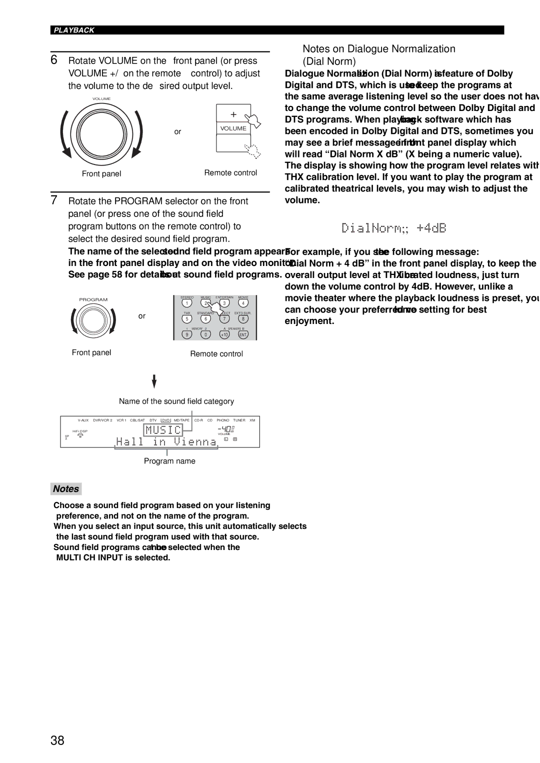 Yamaha RX-V2600 owner manual Dial Norm, Front panel Remote control Name of the sound field category, Program name 