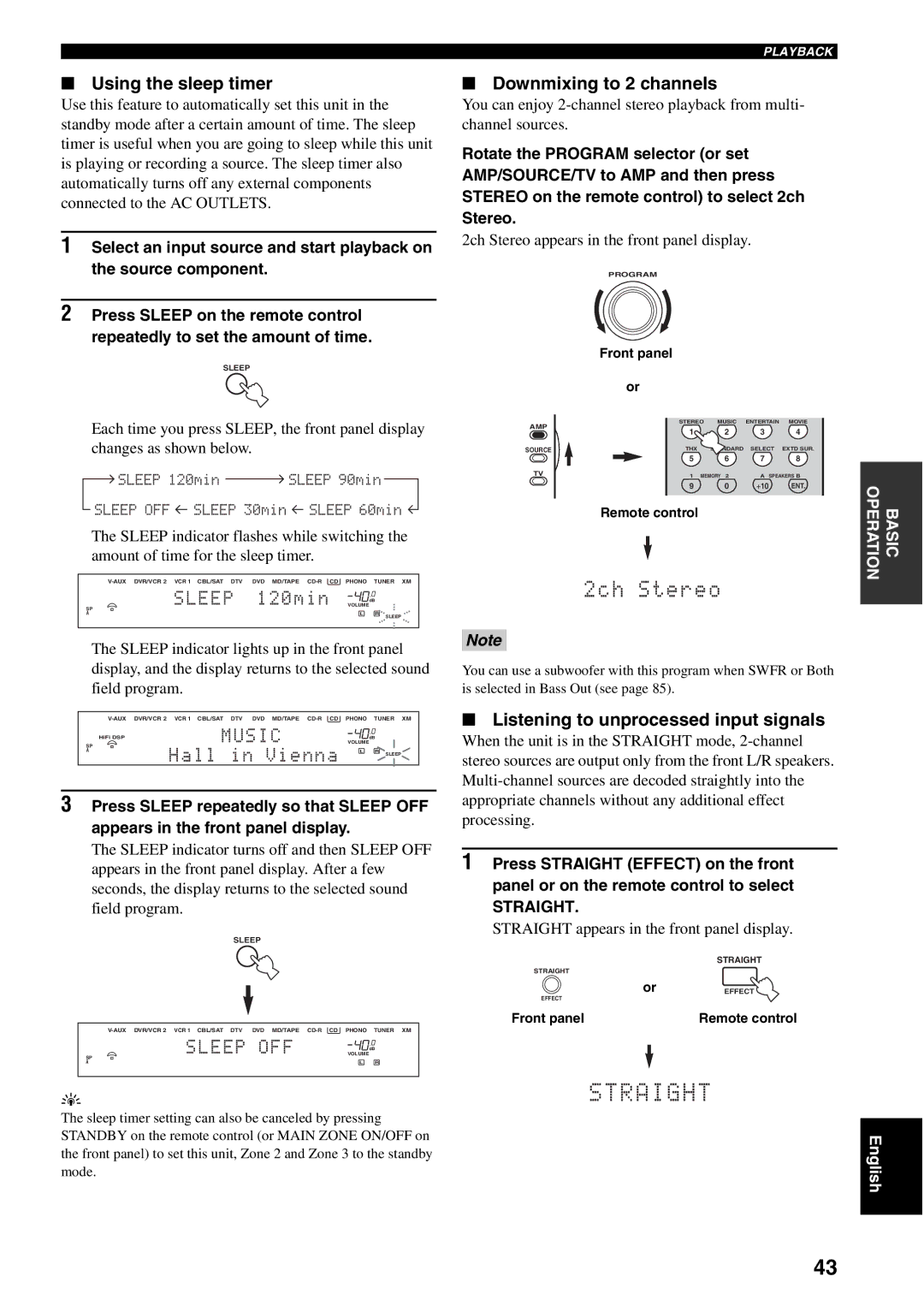 Yamaha RX-V2600 Using the sleep timer, Downmixing to 2 channels, Listening to unprocessed input signals, Straight 