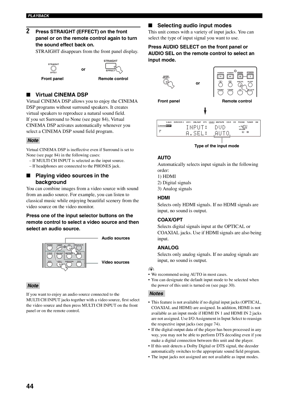 Yamaha RX-V2600 owner manual Virtual Cinema DSP, Playing video sources Background, Selecting audio input modes 