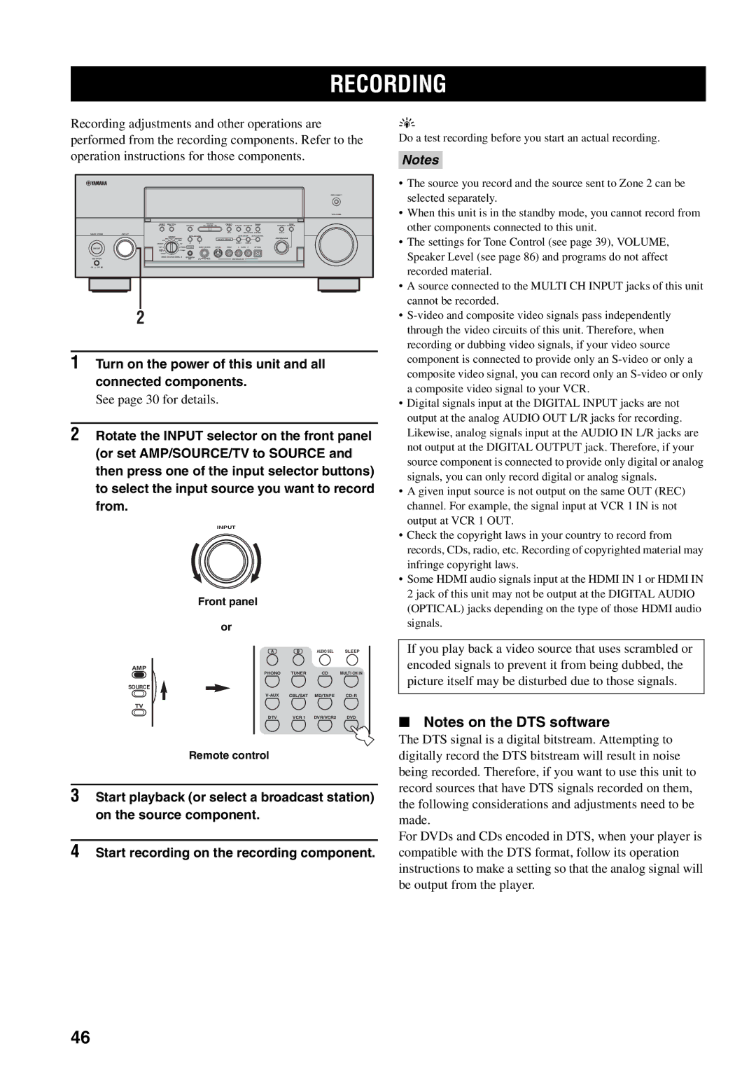 Yamaha RX-V2600 owner manual Recording, Turn on the power of this unit and all connected components, Front panel or 