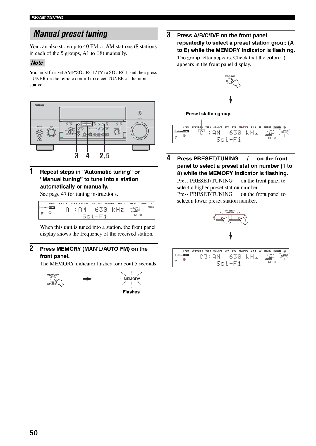 Yamaha RX-V2600 Manual preset tuning, See page 47 for tuning instructions, Press Memory MAN’L/AUTO FM on the front panel 