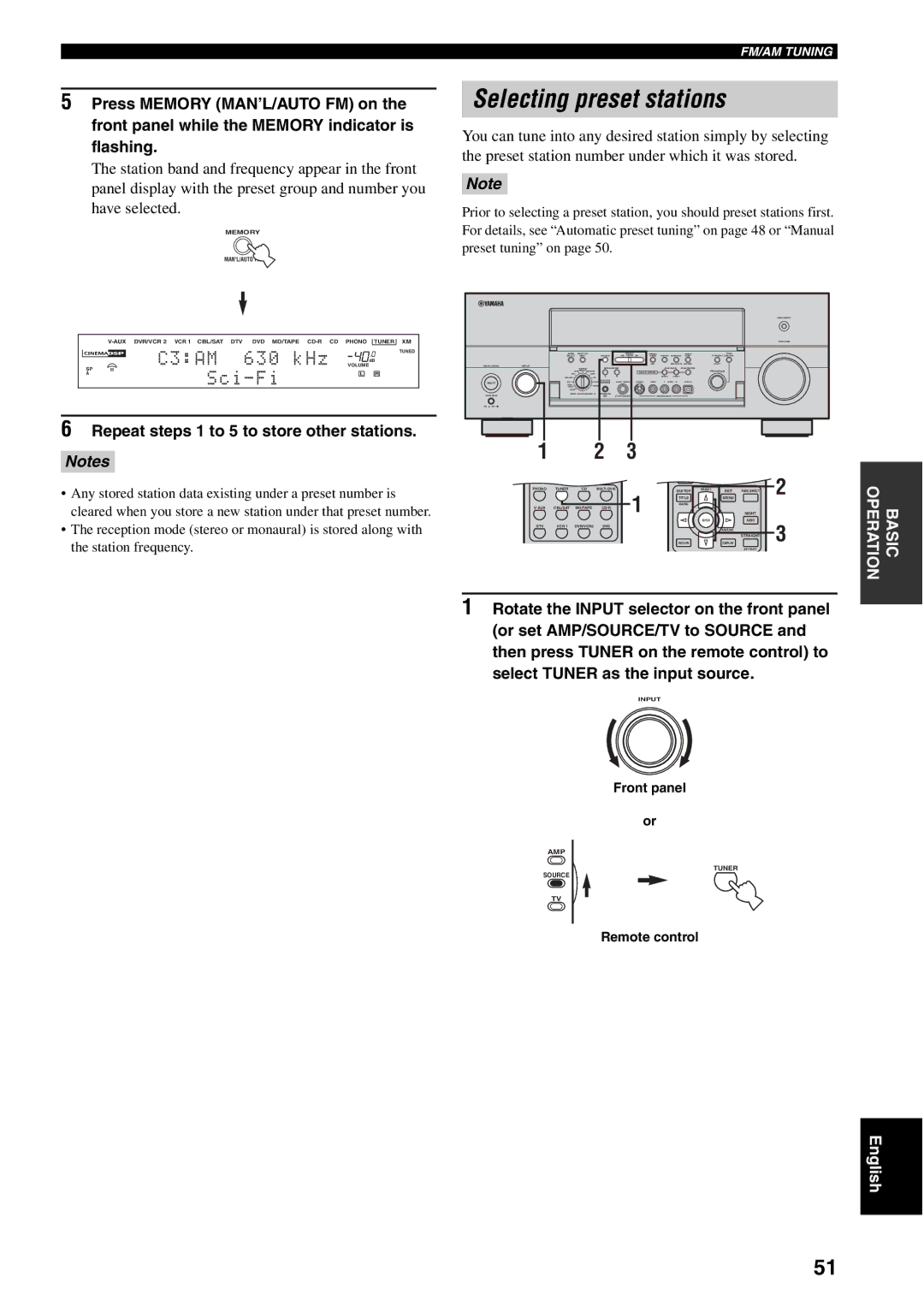 Yamaha RX-V2600 owner manual Selecting preset stations, Repeat steps 1 to 5 to store other stations 