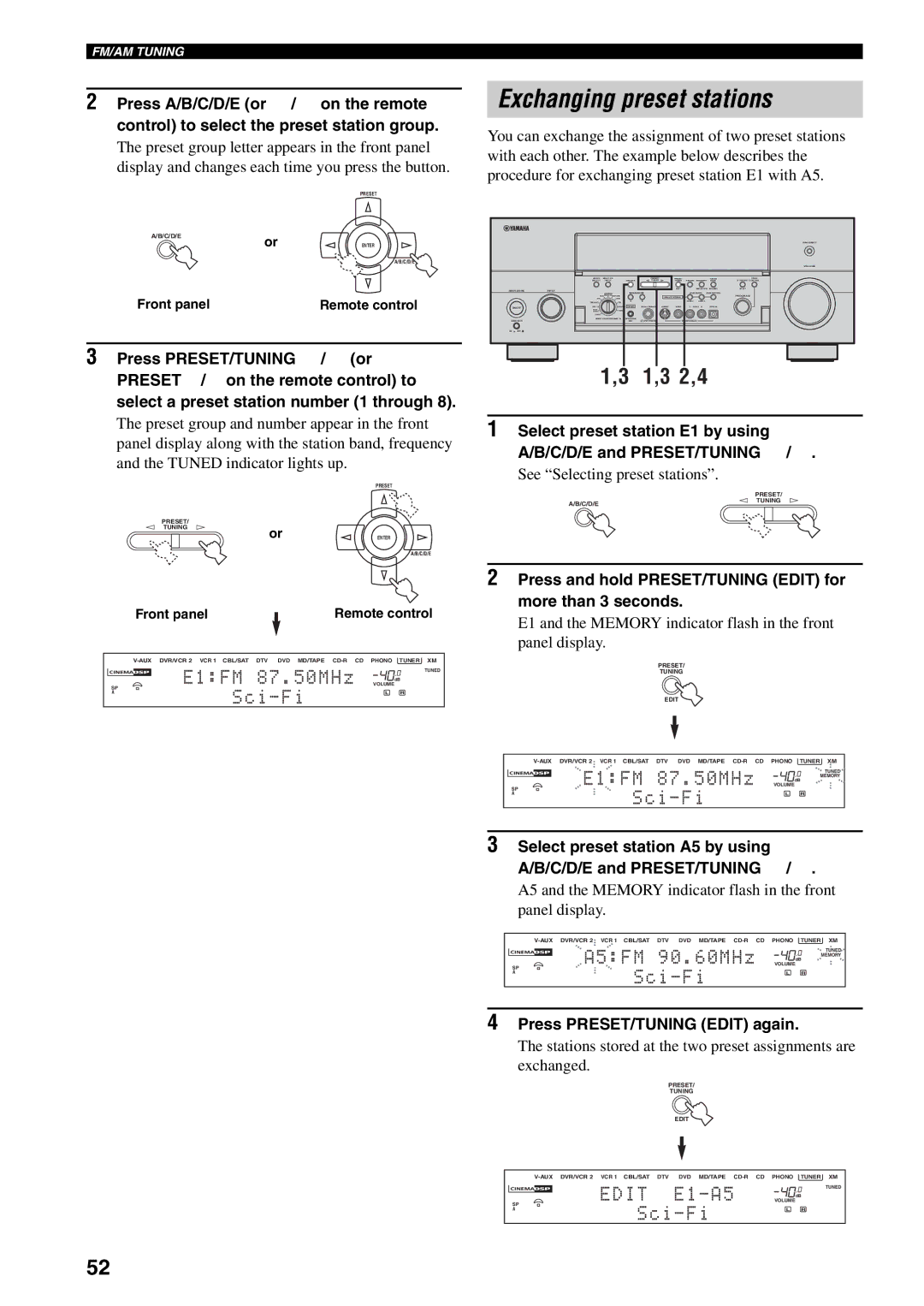 Yamaha RX-V2600 owner manual Exchanging preset stations, 2,4, Press and hold PRESET/TUNING Edit for more than 3 seconds 