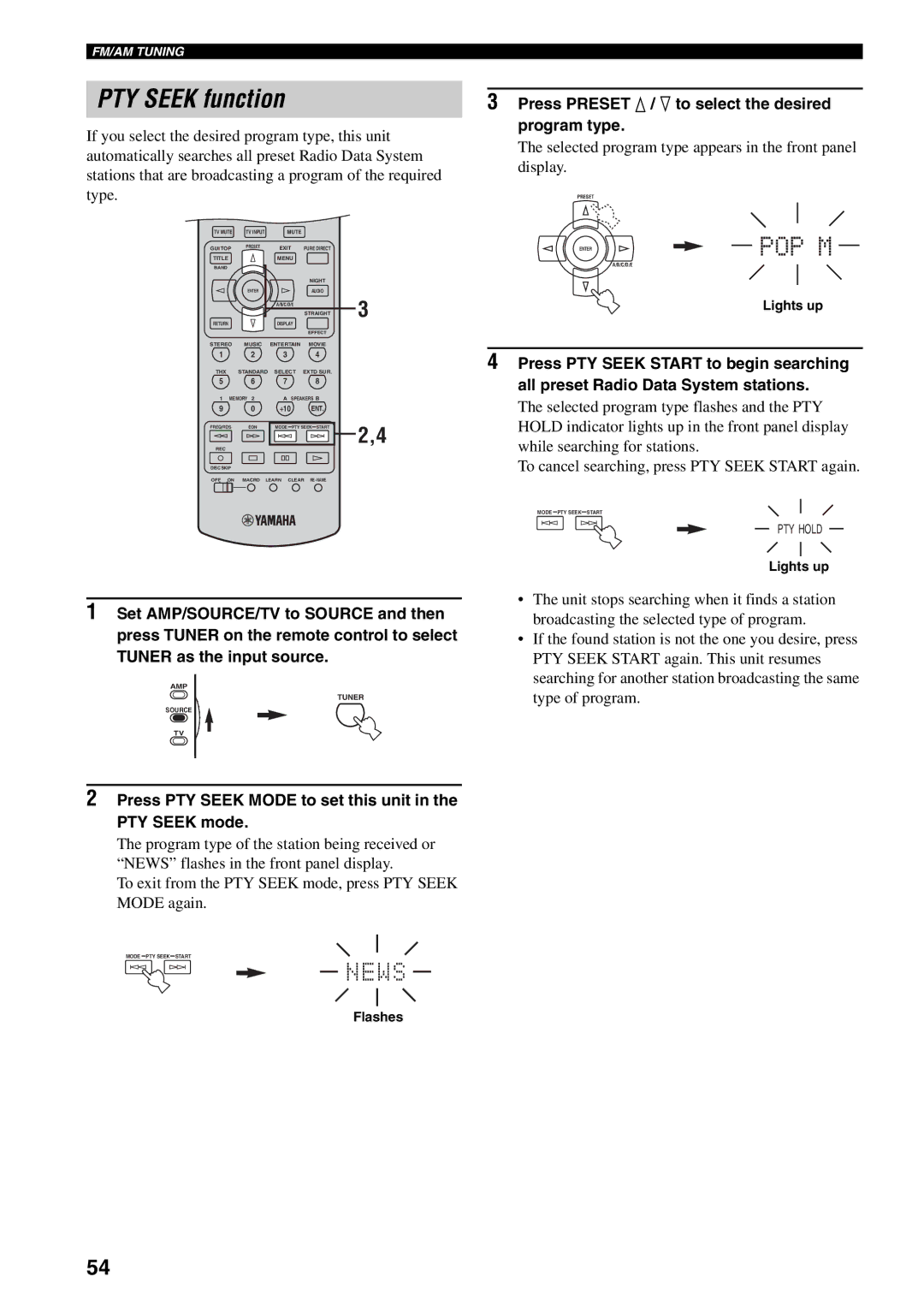 Yamaha RX-V2600 owner manual PTY Seek function, Press PTY Seek Mode to set this unit in the PTY Seek mode 