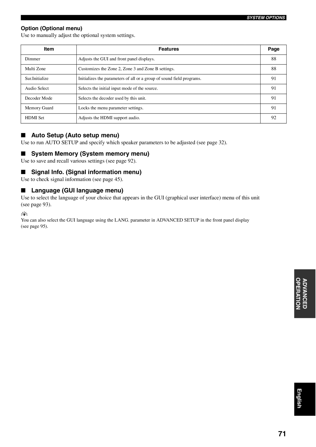 Yamaha RX-V2600 Auto Setup Auto setup menu, System Memory System memory menu, Signal Info. Signal information menu 