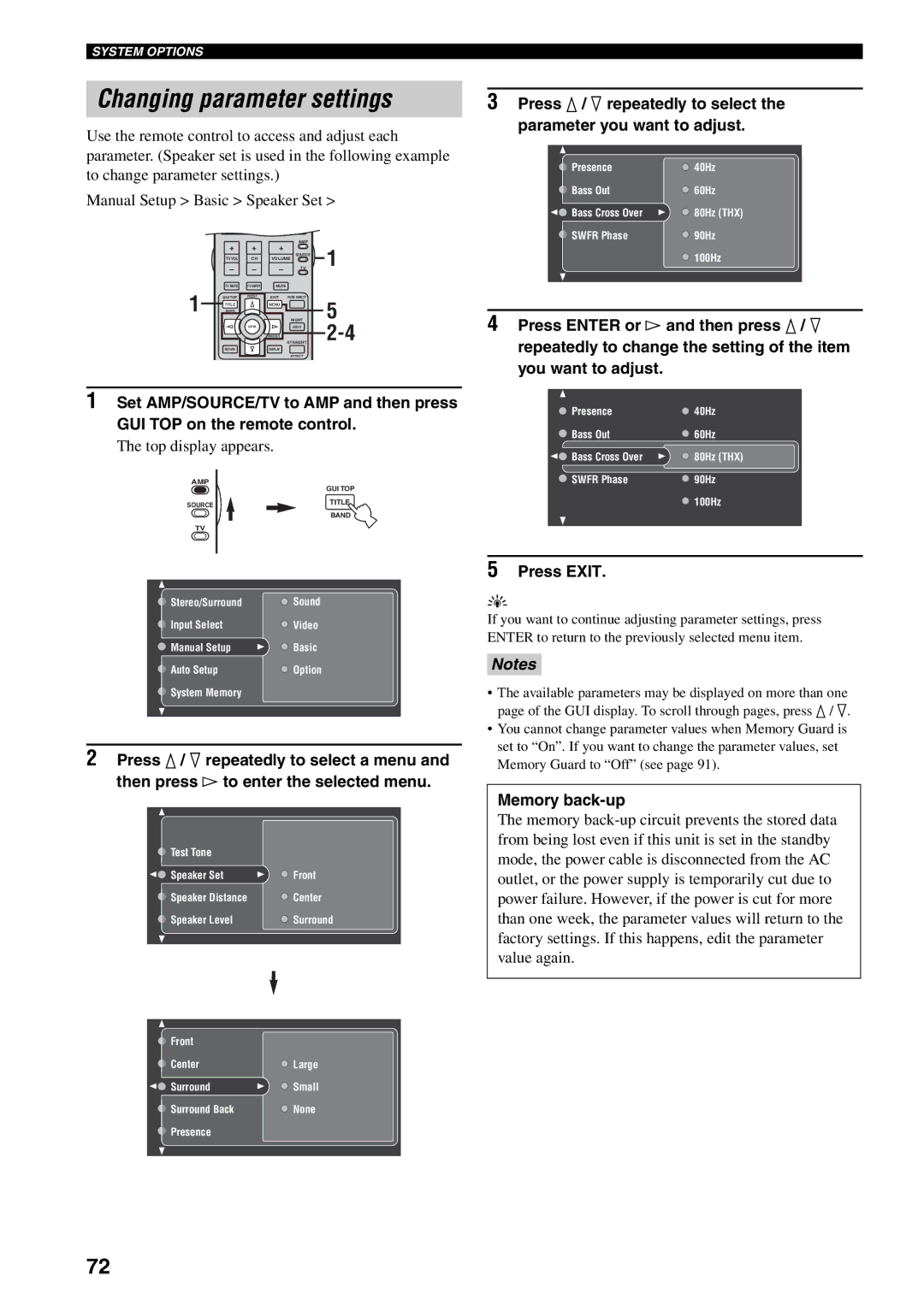 Yamaha RX-V2600 owner manual Changing parameter settings, Press Exit 