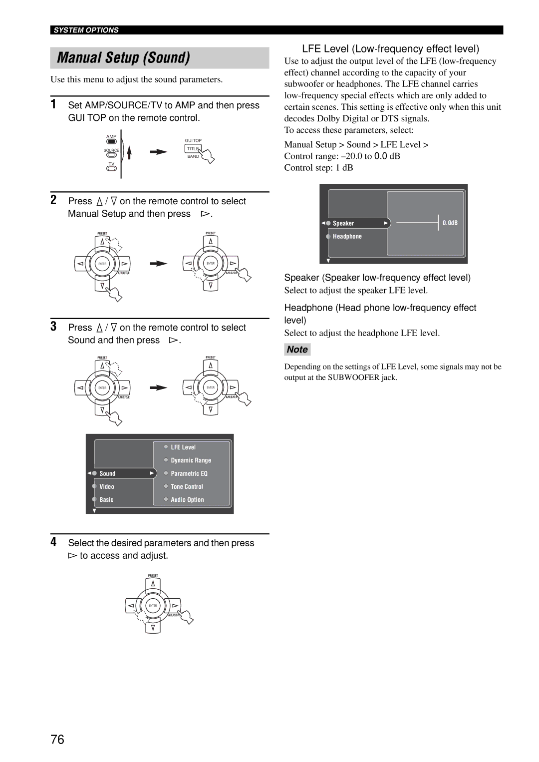 Yamaha RX-V2600 Manual Setup Sound, LFE Level Low-frequency effect level, Speaker Speaker low-frequency effect level 