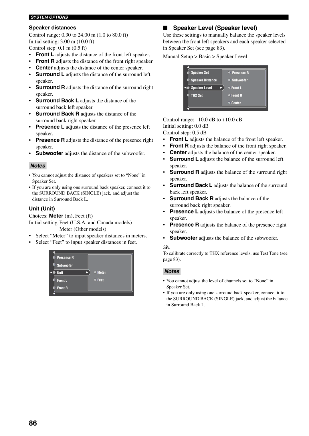Yamaha RX-V2600 owner manual Speaker Level Speaker level, Speaker distances, Unit Unit 