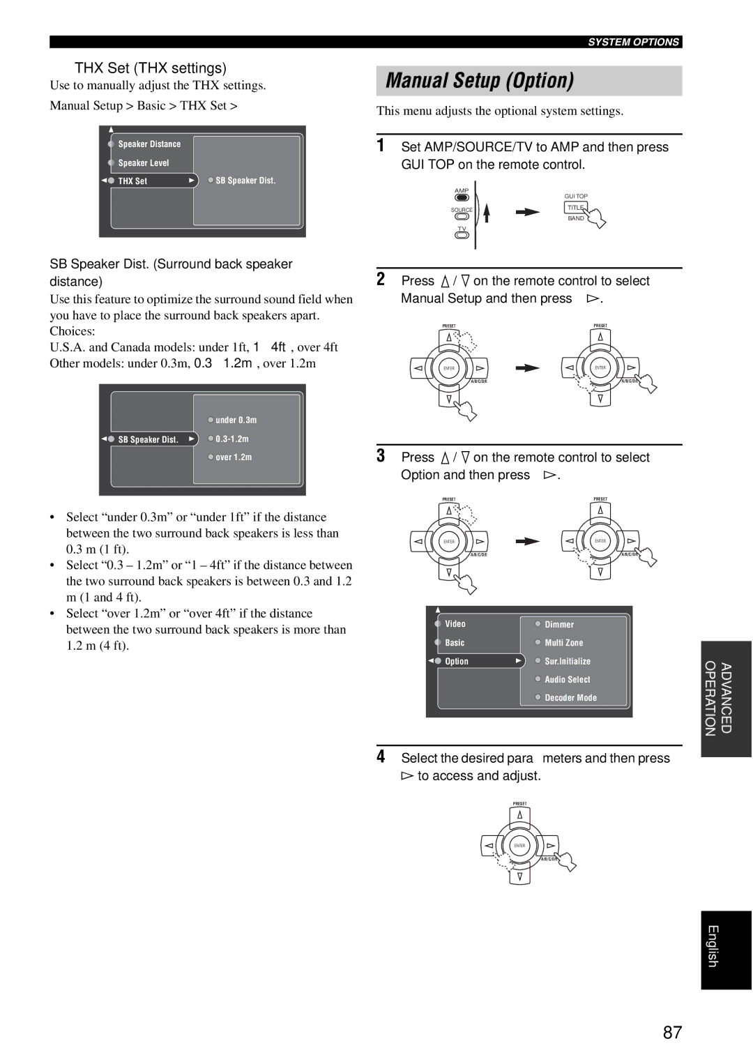 Yamaha RX-V2600 owner manual Manual Setup Option, THX Set THX settings, SB Speaker Dist. Surround back speaker distance 