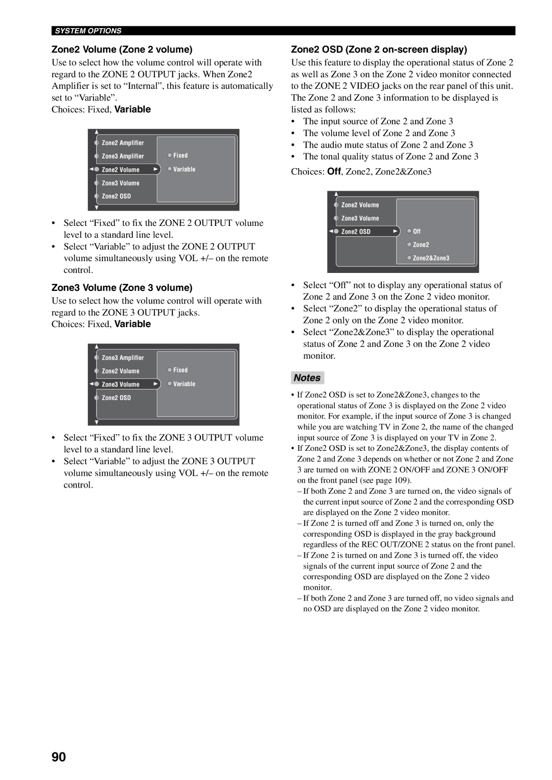 Yamaha RX-V2600 owner manual Zone2 Volume Zone 2 volume, Zone3 Volume Zone 3 volume, Zone2 OSD Zone 2 on-screen display 