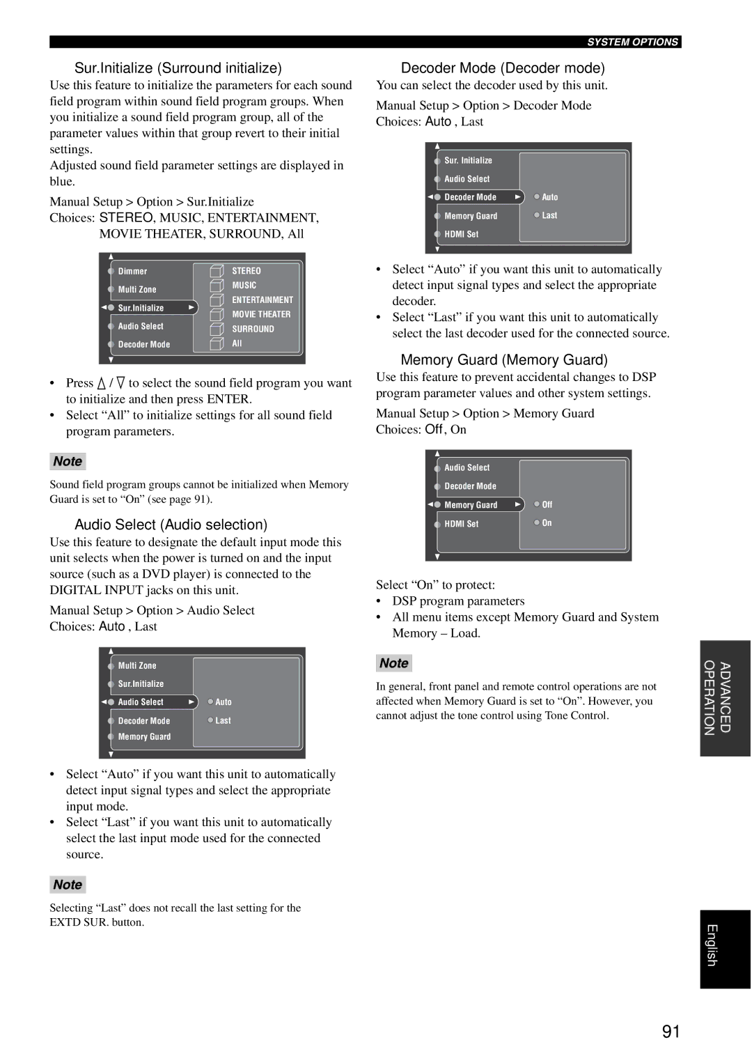 Yamaha RX-V2600 owner manual Sur.Initialize Surround initialize, Memory Guard Memory Guard 