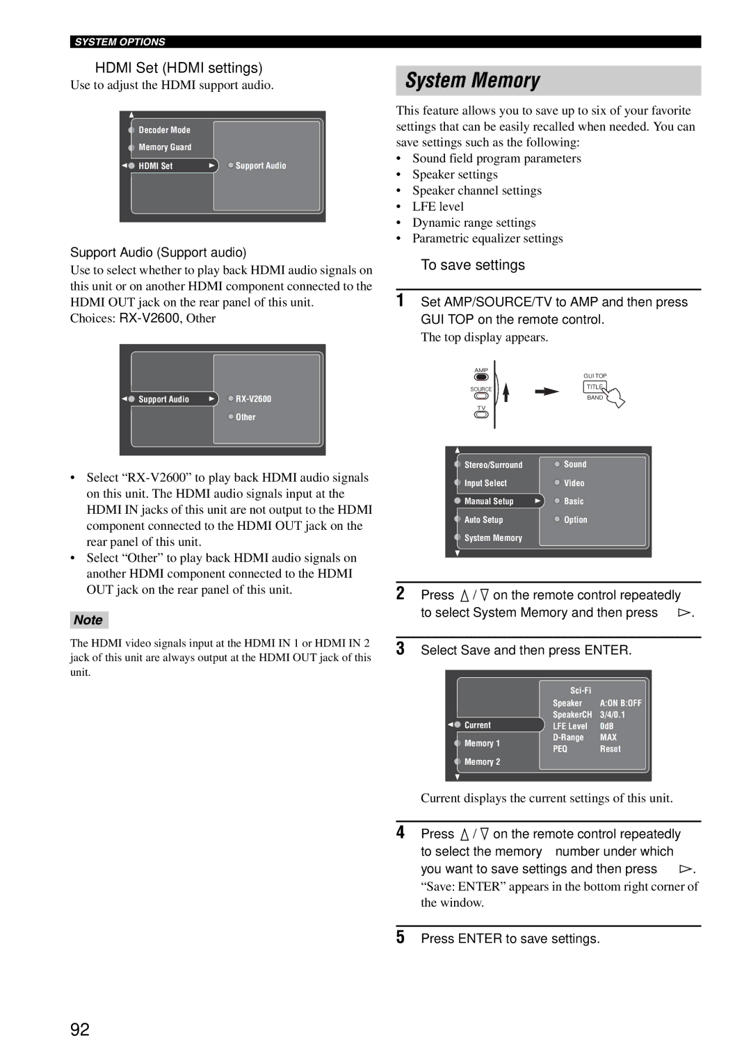 Yamaha RX-V2600 owner manual System Memory, Hdmi Set Hdmi settings, To save settings, Support Audio Support audio 