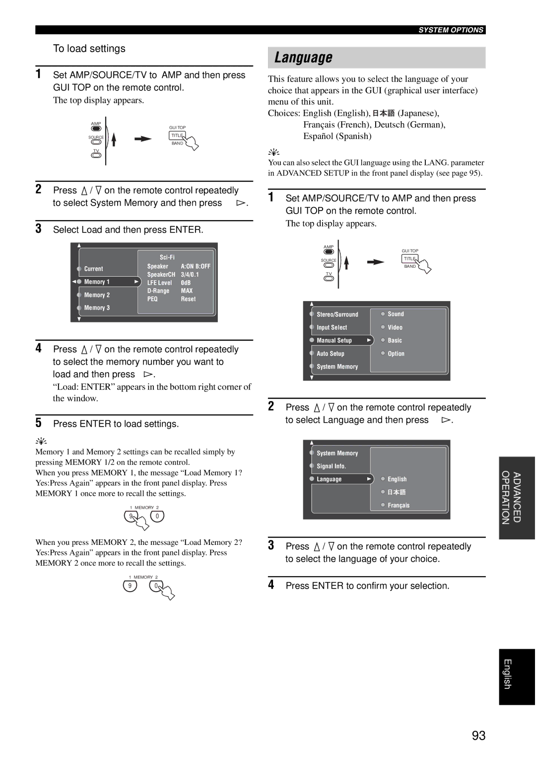 Yamaha RX-V2600 owner manual Language, To load settings, Load Enter appears in the bottom right corner of the window 