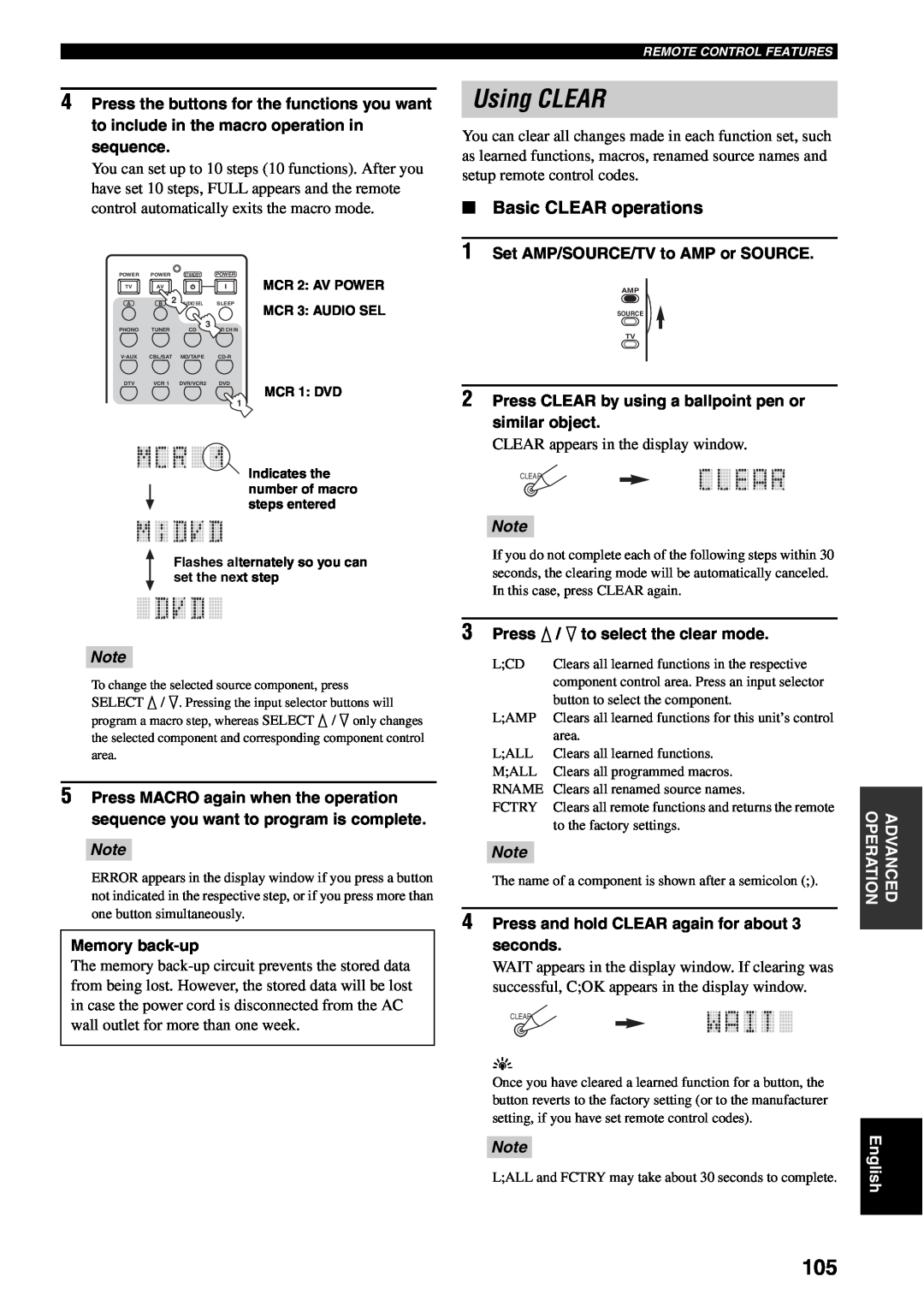 Yamaha RX-V2600 owner manual Using CLEAR, Basic CLEAR operations, Press CLEAR by using a ballpoint pen or similar object 