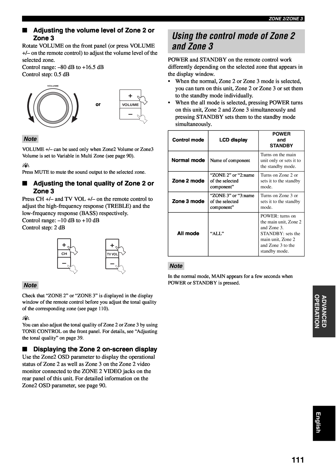 Yamaha RX-V2600 owner manual Using the control mode of Zone 2 and Zone, Adjusting the volume level of Zone 2 or Zone 