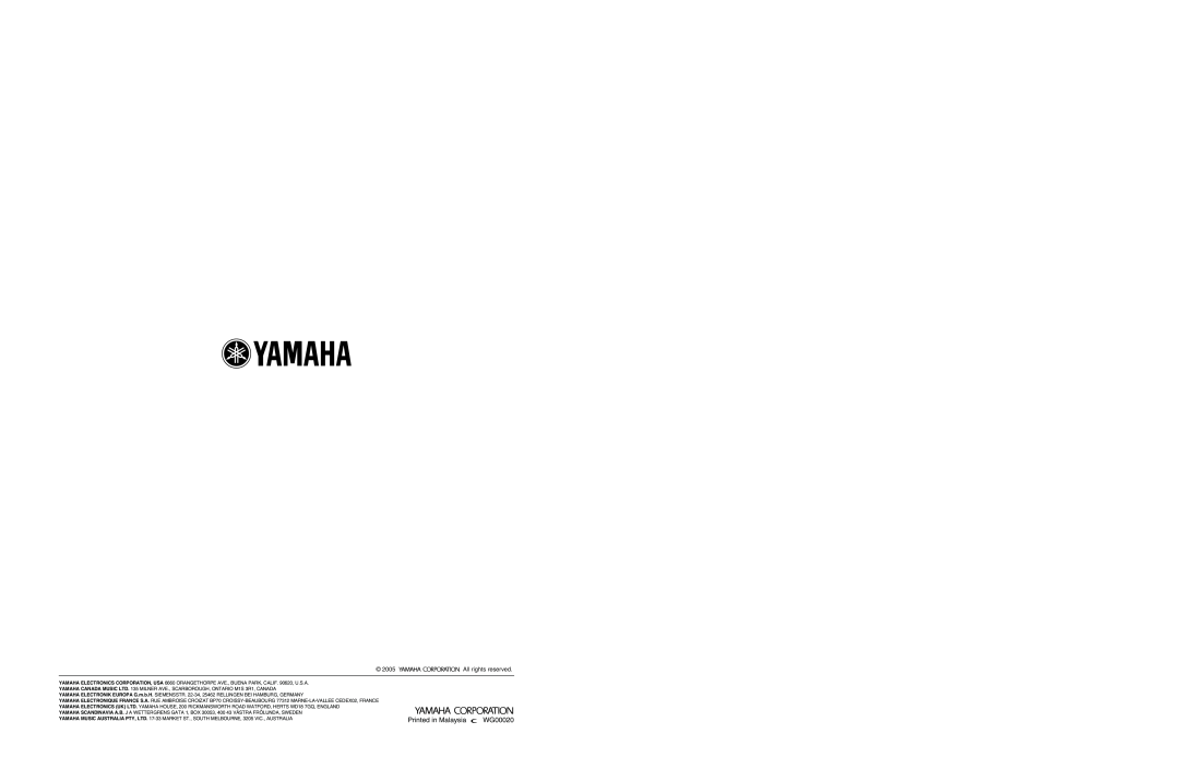 Yamaha RX-V2600 owner manual Printed in Malaysia, WG00020, All rights reserved 