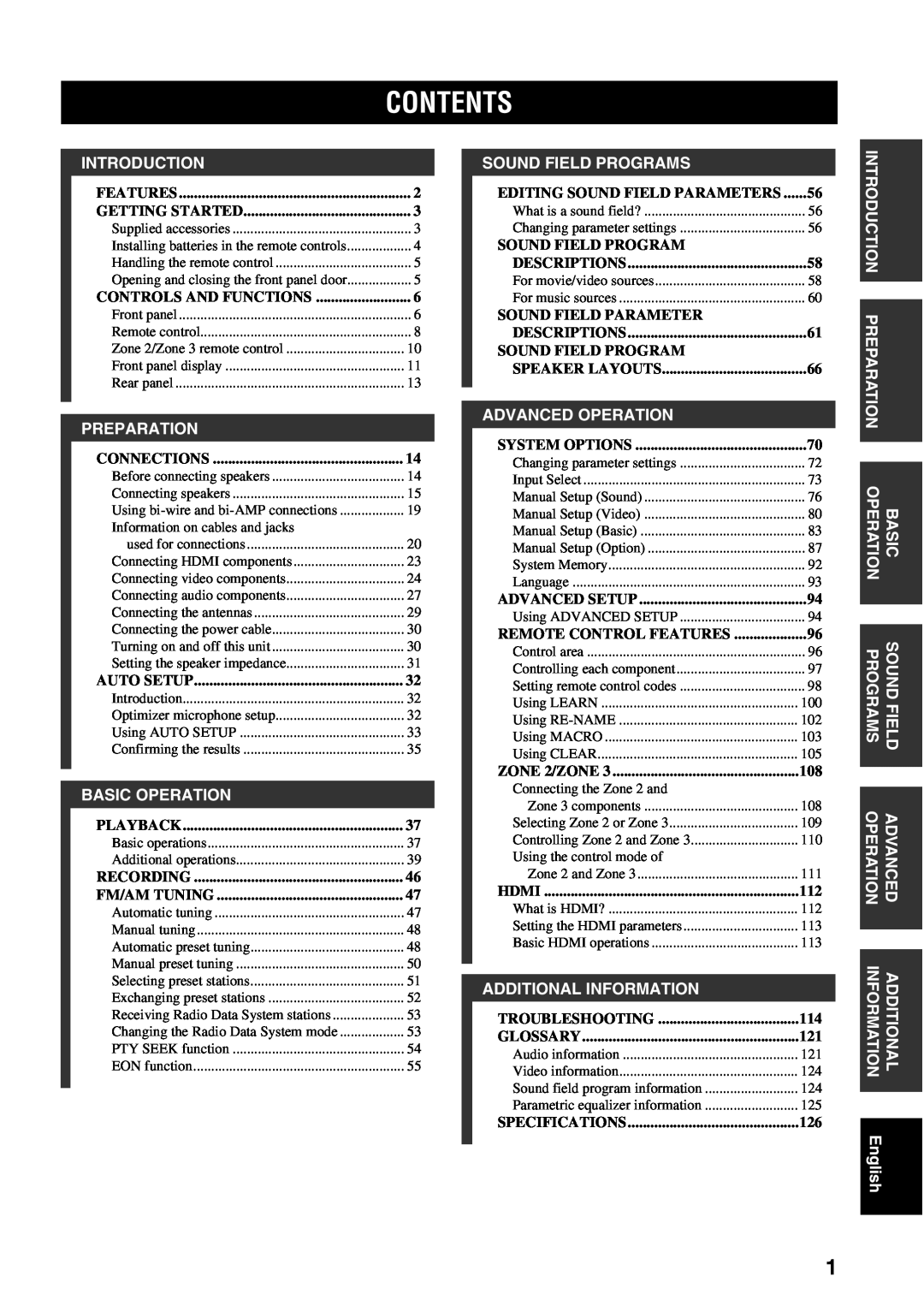Yamaha RX-V2600 owner manual Contents, Controls And Functions, Connections, Auto Setup, Playback, Recording, Fm/Am Tuning 