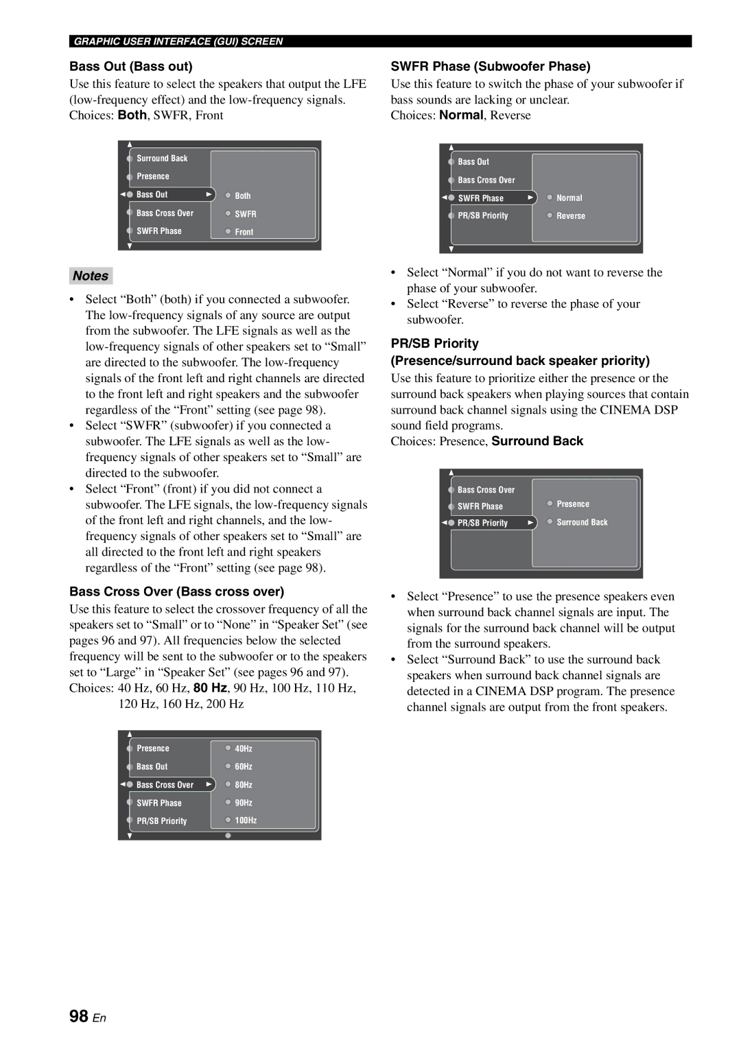 Yamaha RX-V2700 owner manual 98 En, Bass Out Bass out, Swfr Phase Subwoofer Phase, Bass Cross Over Bass cross over 