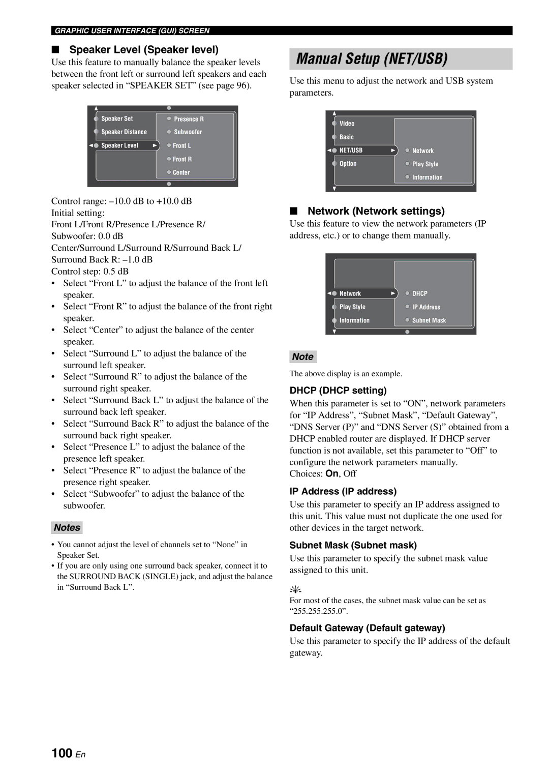 Yamaha RX-V2700 owner manual Manual Setup NET/USB, 100 En, Speaker Level Speaker level, Network Network settings 