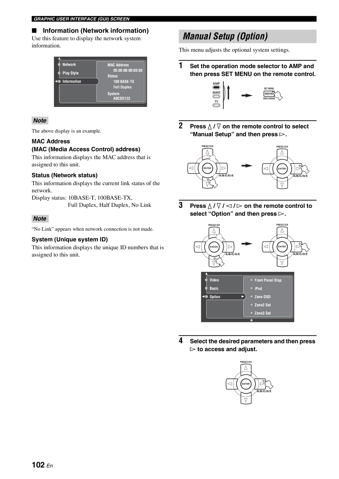 Yamaha RX-V2700 owner manual Manual Setup Option, 102 En, Information Network information 