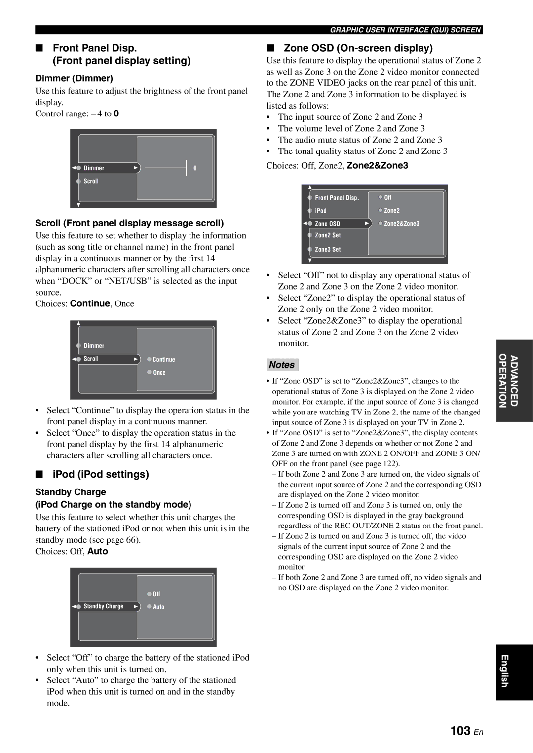 Yamaha RX-V2700 103 En, Front Panel Disp Front panel display setting, IPod iPod settings, Zone OSD On-screen display 