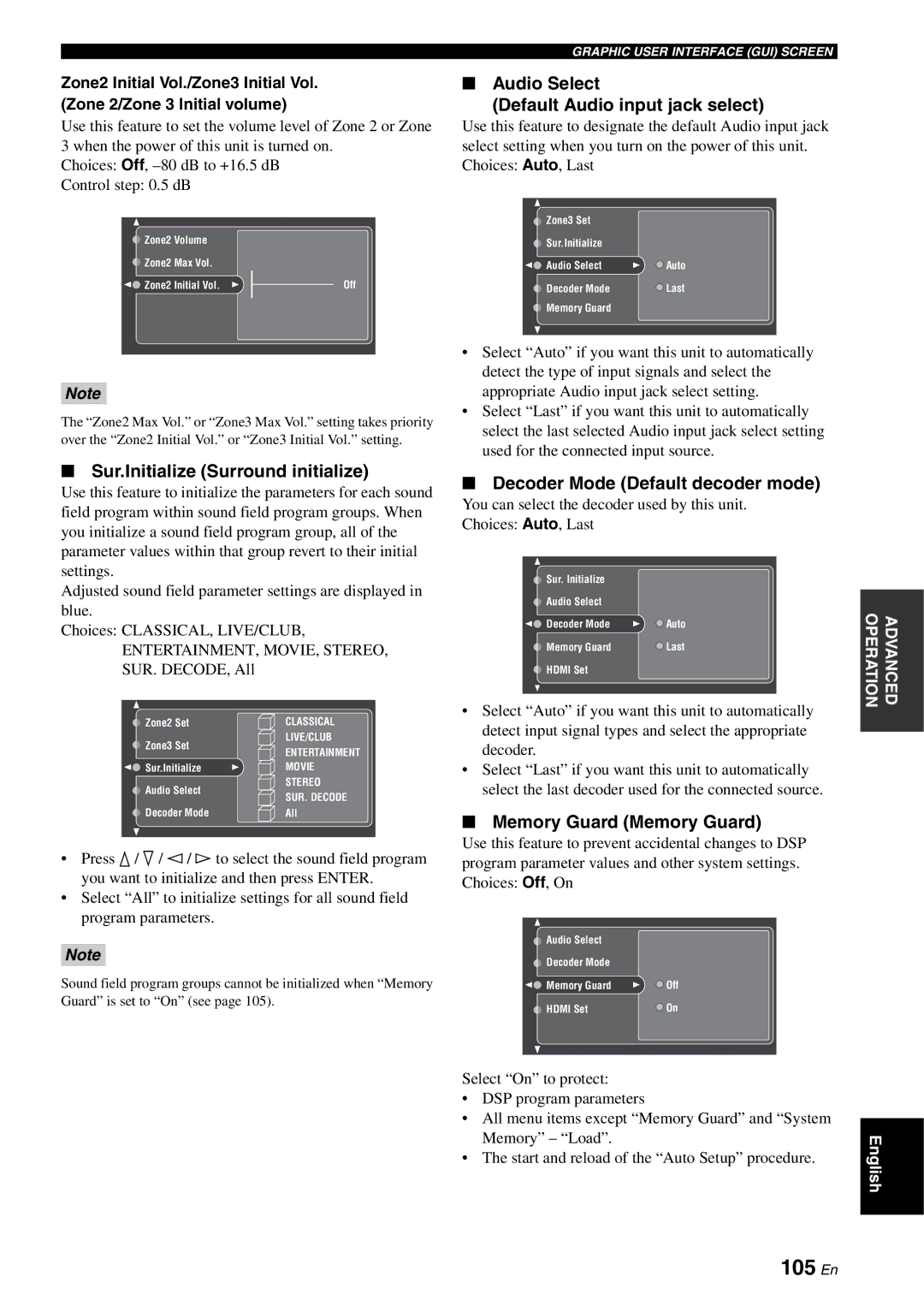 Yamaha RX-V2700 owner manual 105 En, Sur.Initialize Surround initialize, Audio Select Default Audio input jack select 