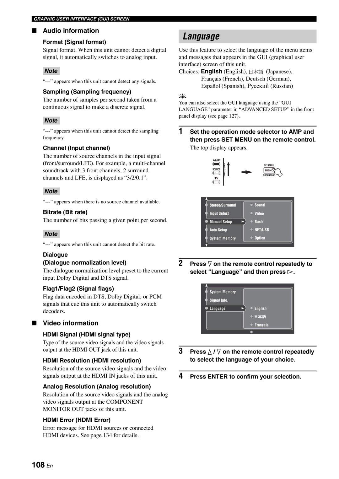 Yamaha RX-V2700 owner manual Language, 108 En, Audio information, Video information 