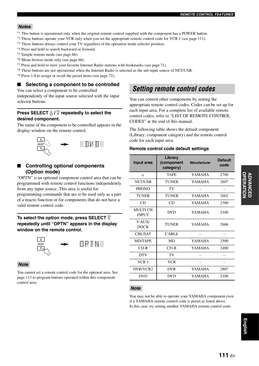 Yamaha RX-V2700 owner manual Setting remote control codes, 111 En, Selecting a component to be controlled 