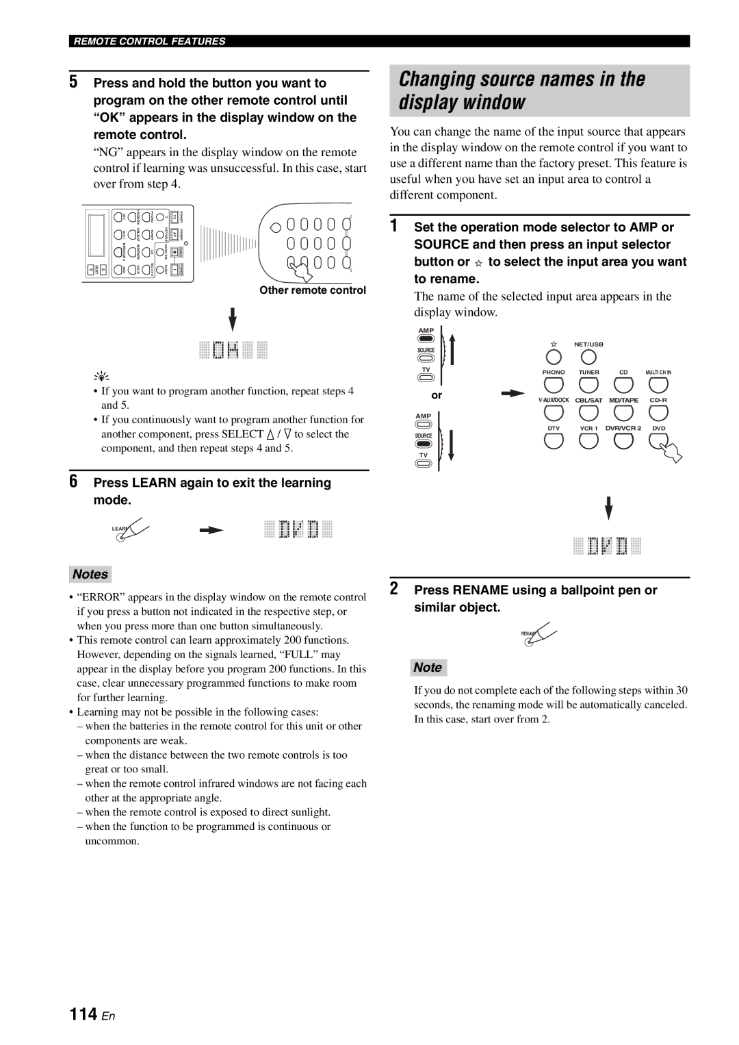 Yamaha RX-V2700 Changing source names in the display window, 114 En, Press Learn again to exit the learning mode 