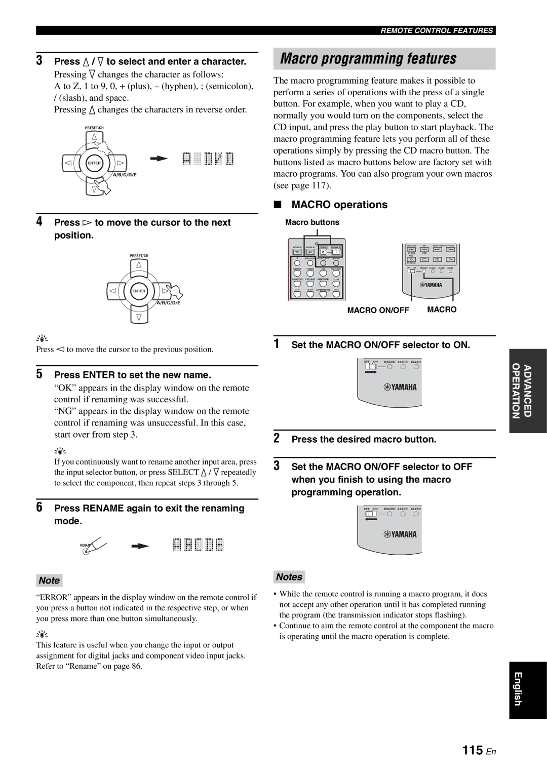 Yamaha RX-V2700 owner manual Macro programming features, 115 En, Macro operations 