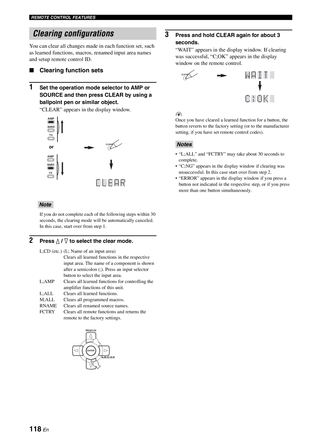 Yamaha RX-V2700 owner manual Clearing configurations, 118 En, Clearing function sets, Press and hold Clear again for about 