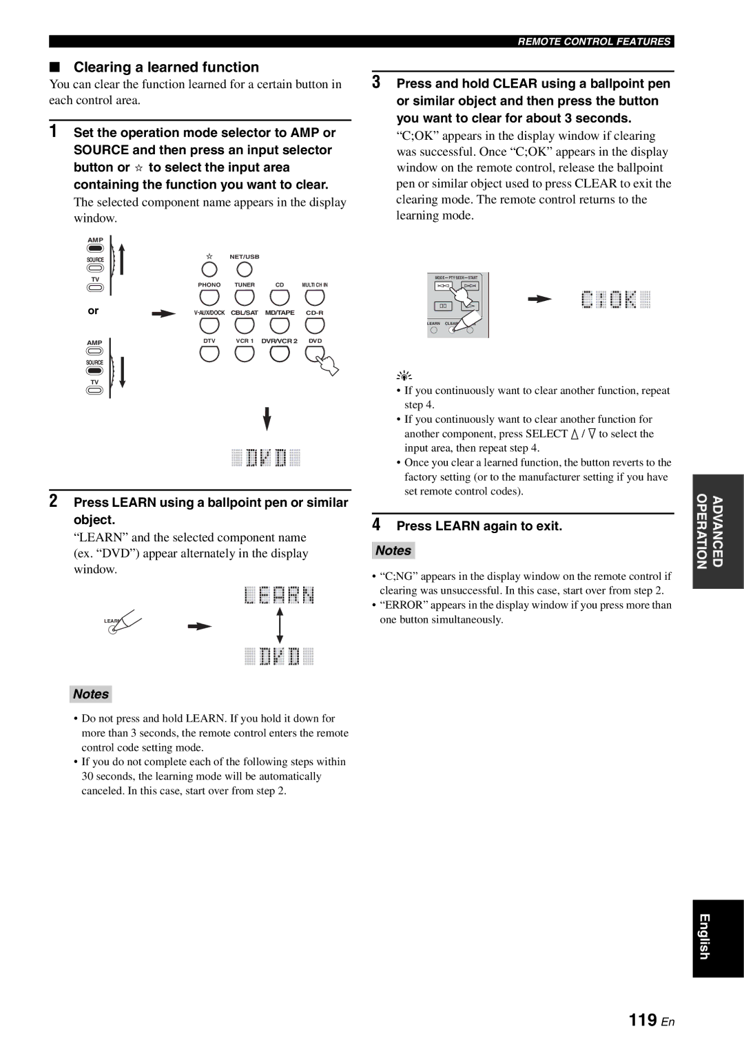 Yamaha RX-V2700 owner manual 119 En, Clearing a learned function, Selected component name appears in the display window 