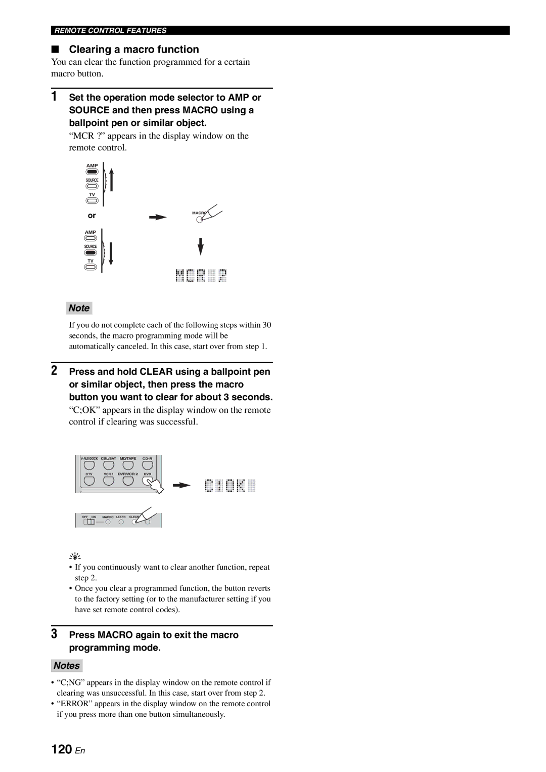 Yamaha RX-V2700 owner manual 120 En, Clearing a macro function, Press Macro again to exit the macro programming mode 