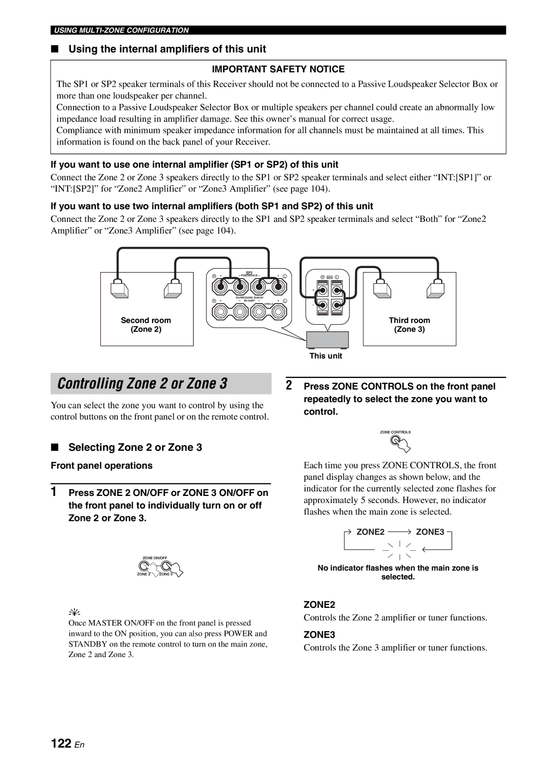 Yamaha RX-V2700 Controlling Zone 2 or Zone, 122 En, Using the internal amplifiers of this unit, Selecting Zone 2 or Zone 