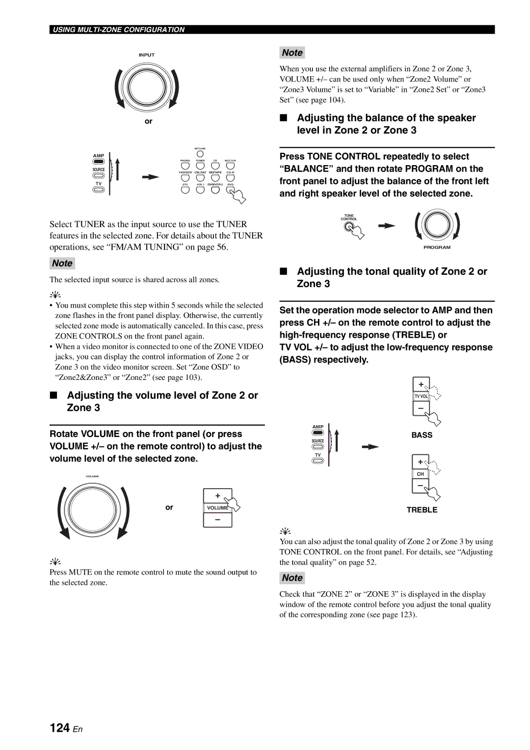 Yamaha RX-V2700 124 En, Adjusting the volume level of Zone 2 or Zone, Adjusting the tonal quality of Zone 2 or Zone 