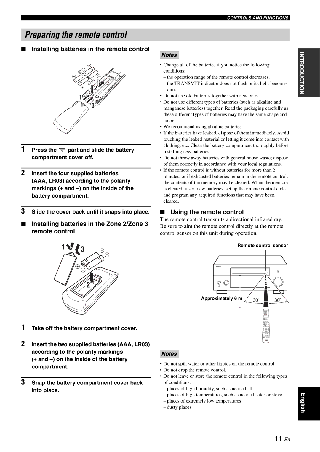 Yamaha RX-V2700 Preparing the remote control, 11 En, Installing batteries in the remote control, Using the remote control 