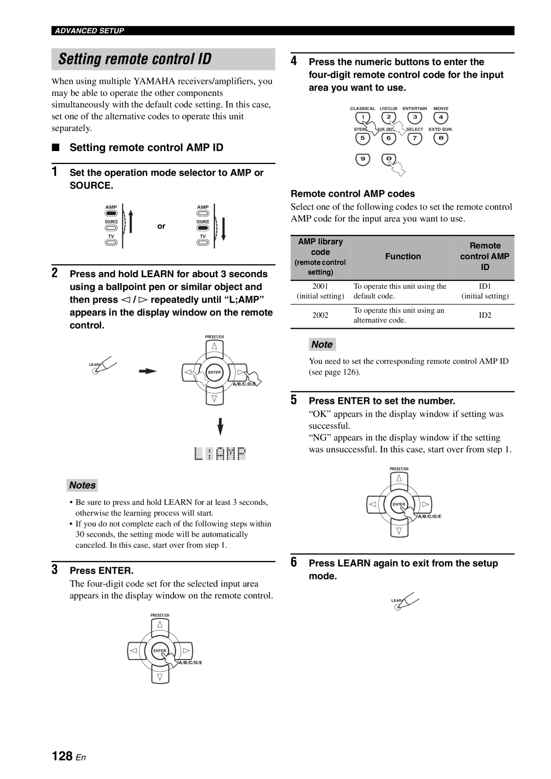 Yamaha RX-V2700 owner manual Setting remote control ID, 128 En, Setting remote control AMP ID, Remote control AMP codes 