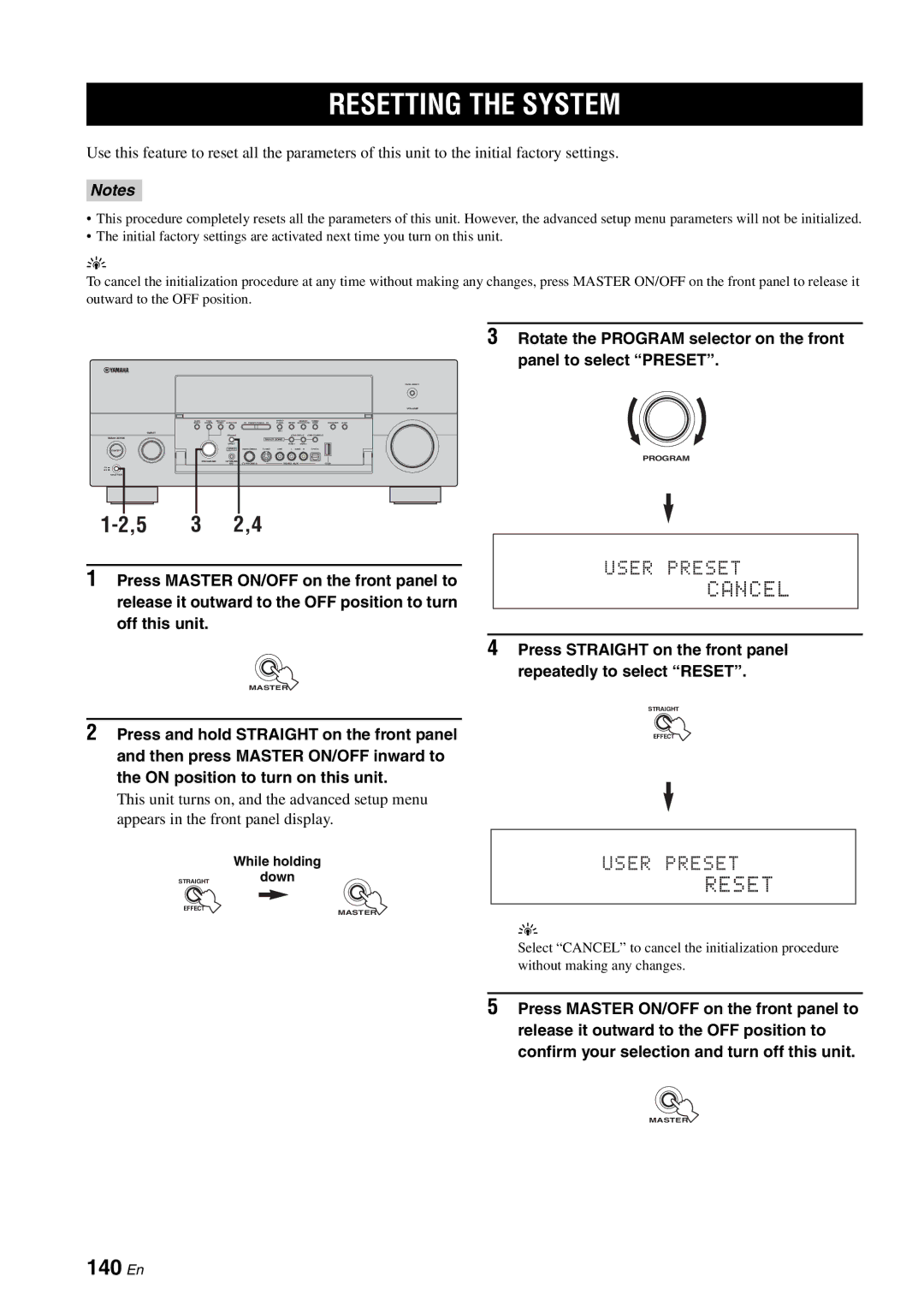 Yamaha RX-V2700 owner manual Resetting the System, 140 En 