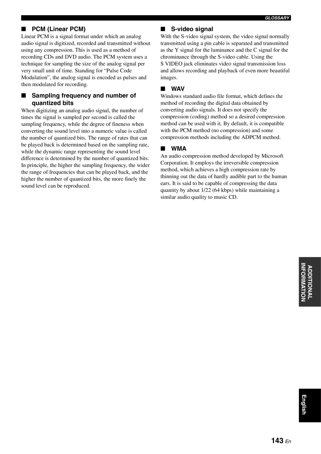 Yamaha RX-V2700 owner manual 143 En, PCM Linear PCM, Sampling frequency and number Quantized bits, Video signal 