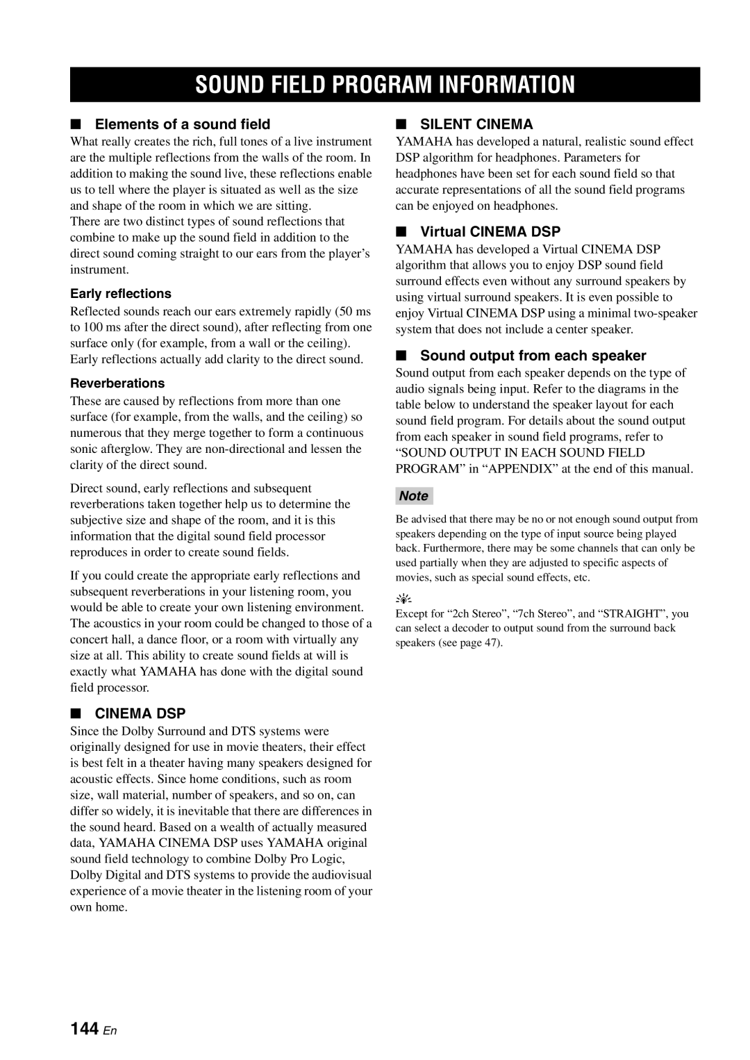 Yamaha RX-V2700 Sound Field Program Information, 144 En, Elements of a sound field, Sound output from each speaker 