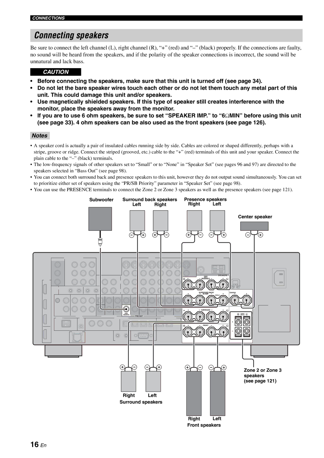 Yamaha RX-V2700 owner manual Connecting speakers, 16 En, Subwoofer Surround back speakers, Left Right Center speaker 