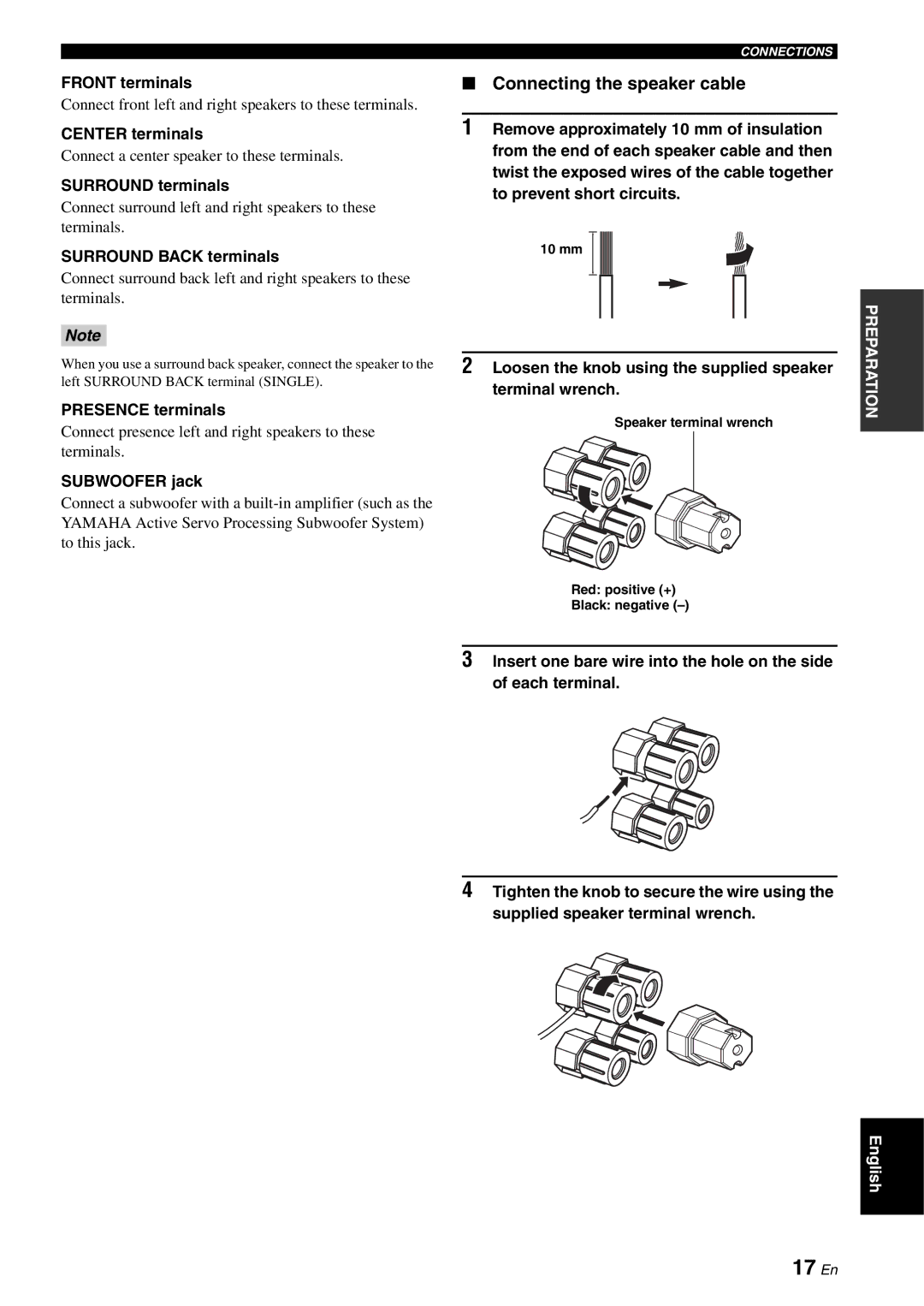 Yamaha RX-V2700 owner manual 17 En, Connecting the speaker cable 