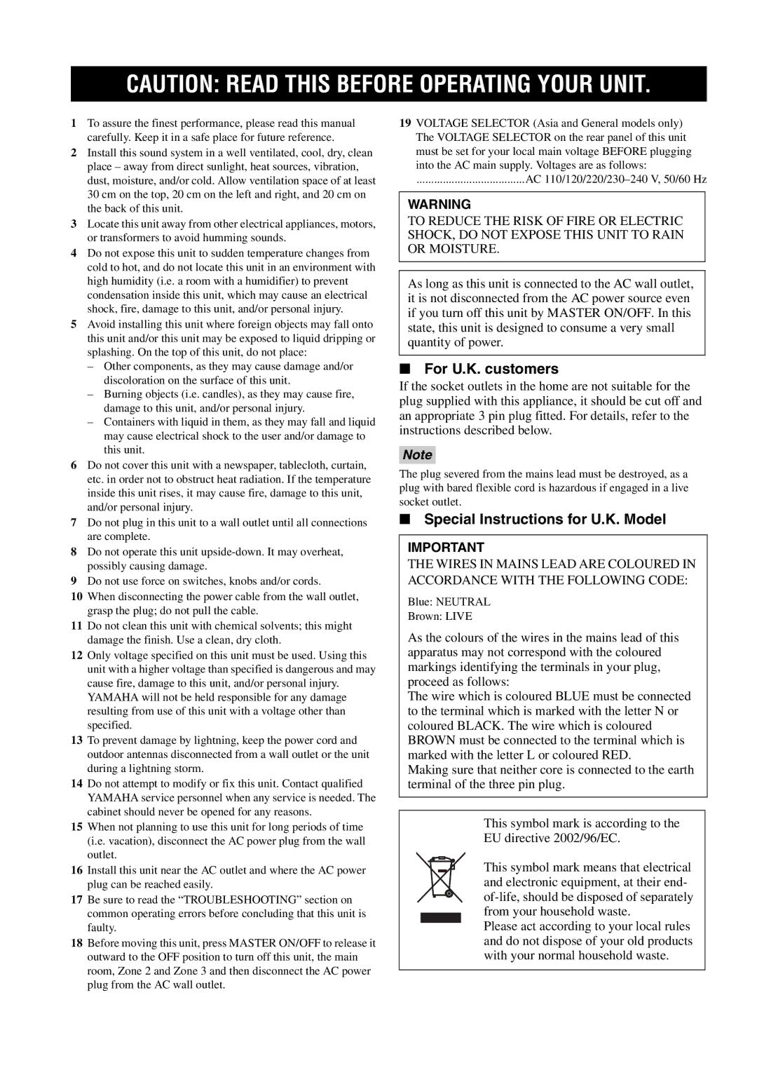 Yamaha RX-V2700 owner manual For U.K. customers, Special Instructions for U.K. Model 