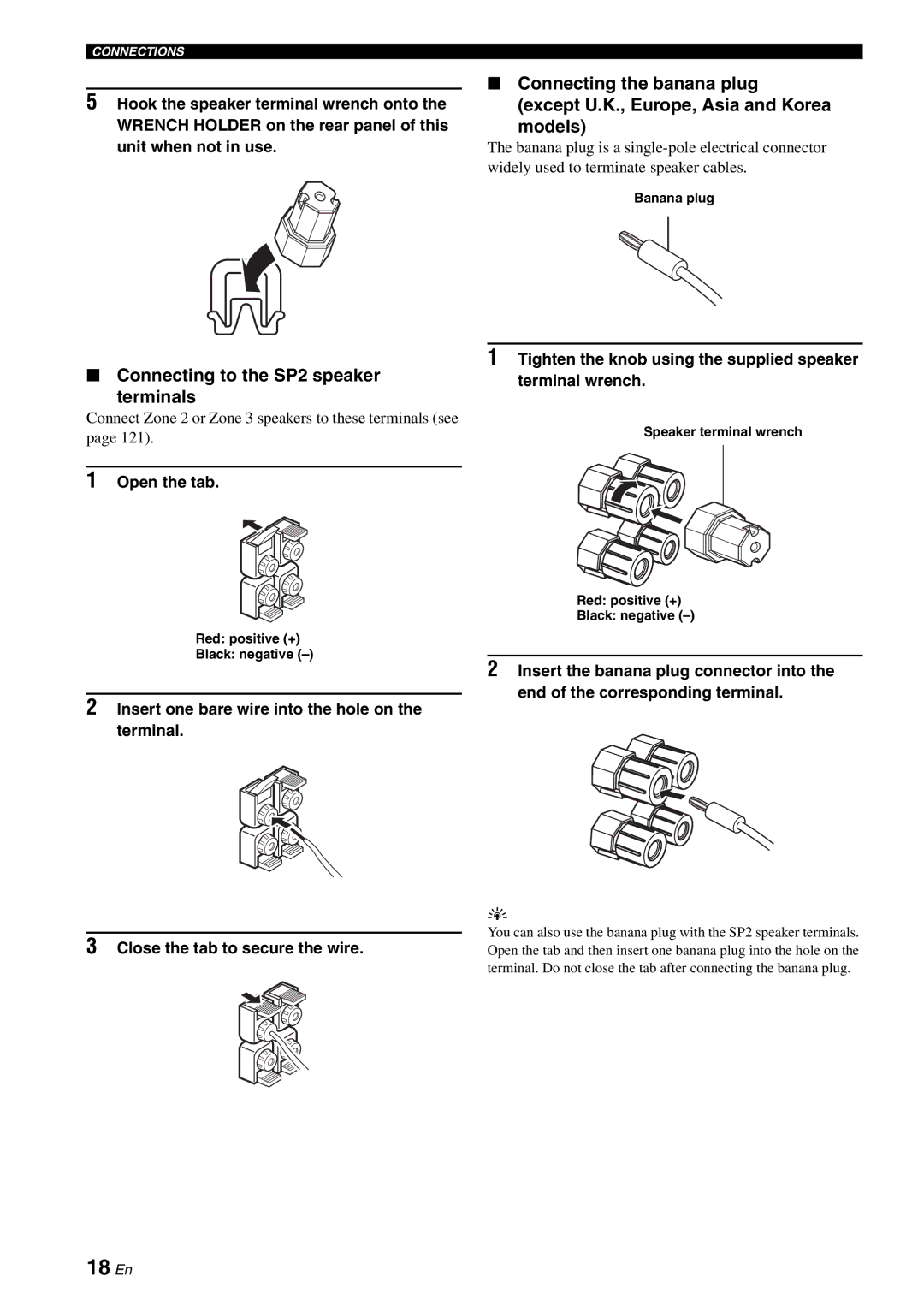 Yamaha RX-V2700 owner manual 18 En, Connecting the banana plug, Models, Connecting to the SP2 speaker Terminals 