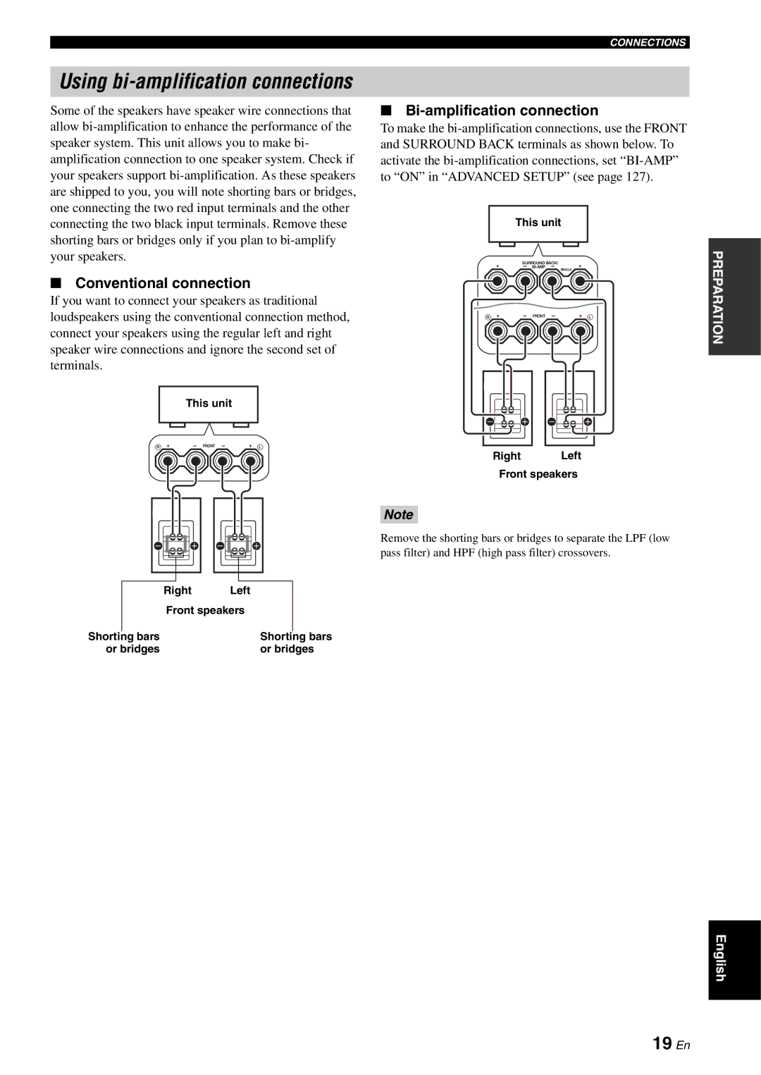 Yamaha RX-V2700 owner manual 19 En, Conventional connection, Bi-amplification connection 