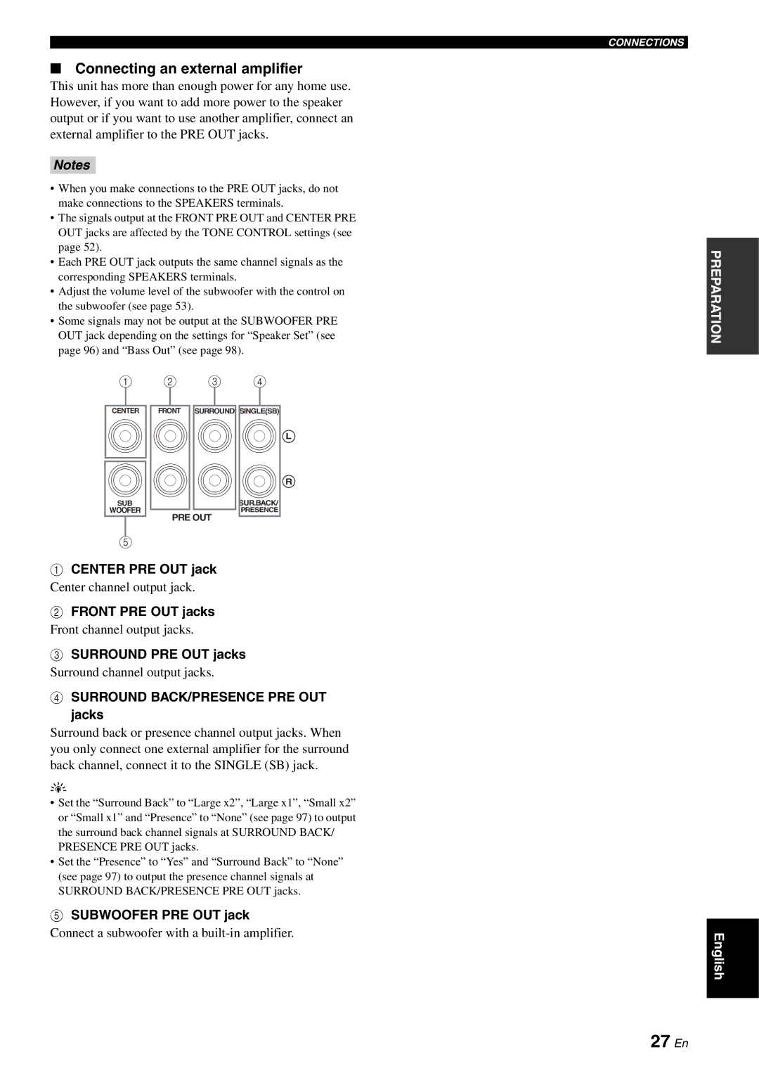 Yamaha RX-V2700 owner manual 27 En, Connecting an external amplifier 