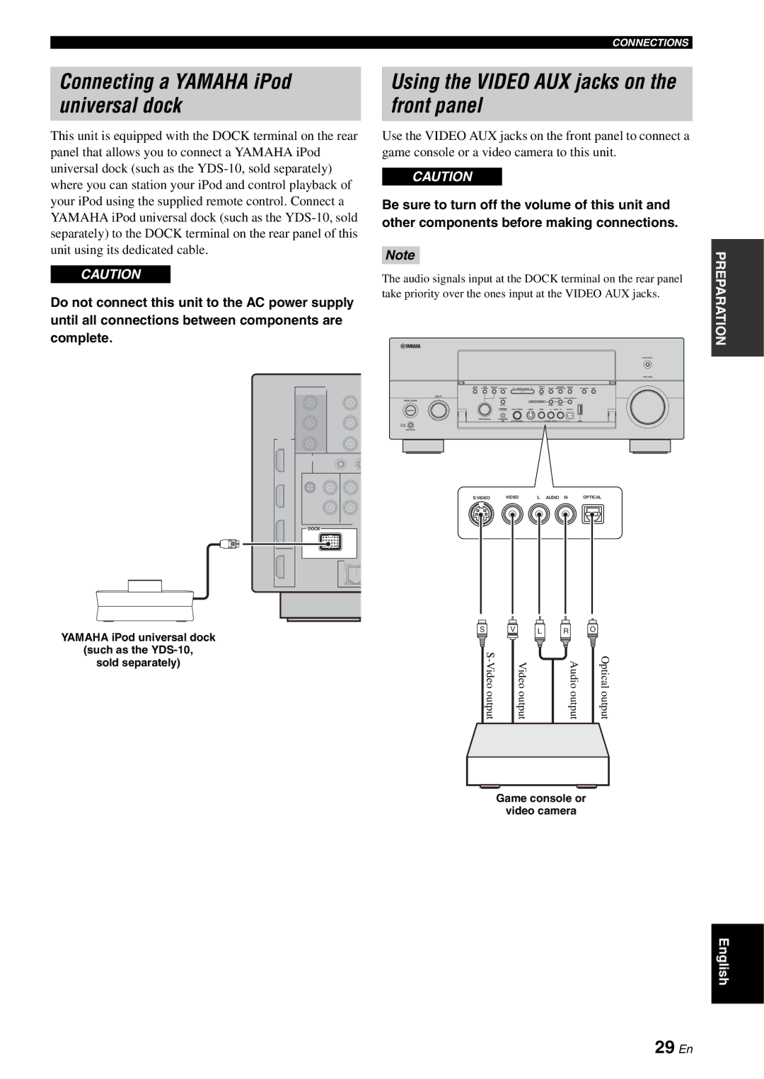 Yamaha RX-V2700 owner manual Using the Video AUX jacks on the front panel, 29 En, Game console or Video camera 