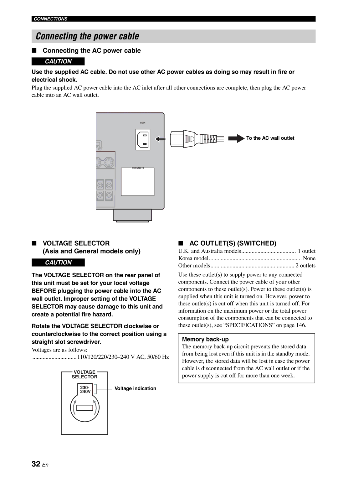 Yamaha RX-V2700 owner manual Connecting the power cable, 32 En, Connecting the AC power cable, Asia and General models only 