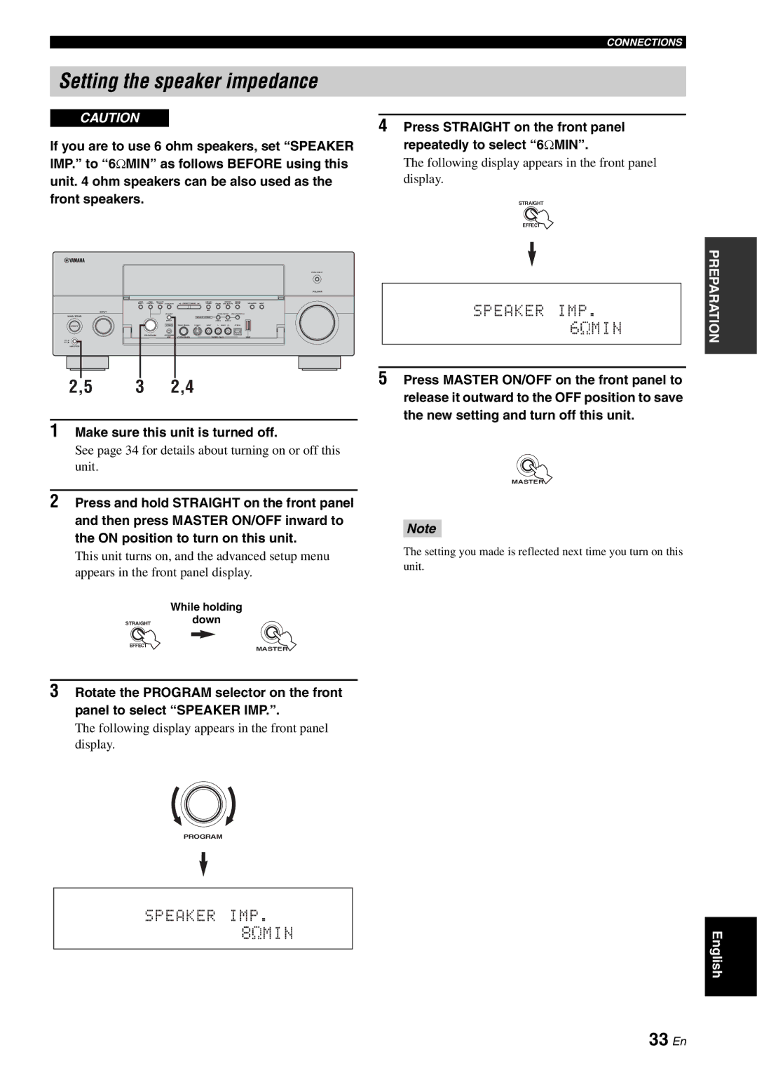 Yamaha RX-V2700 owner manual Setting the speaker impedance, 3 2,4, 33 En, Make sure this unit is turned off 