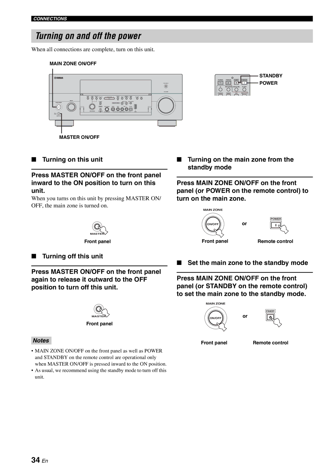 Yamaha RX-V2700 Turning on and off the power, 34 En, When all connections are complete, turn on this unit, Front panel 